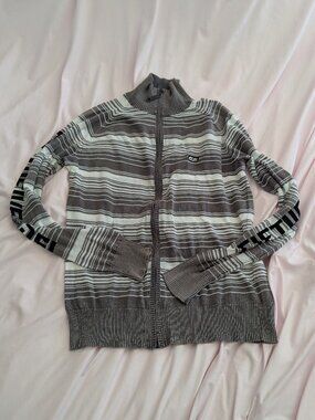 55DSL Gray Striped Zip Up Sweater Made in Hong Kong M